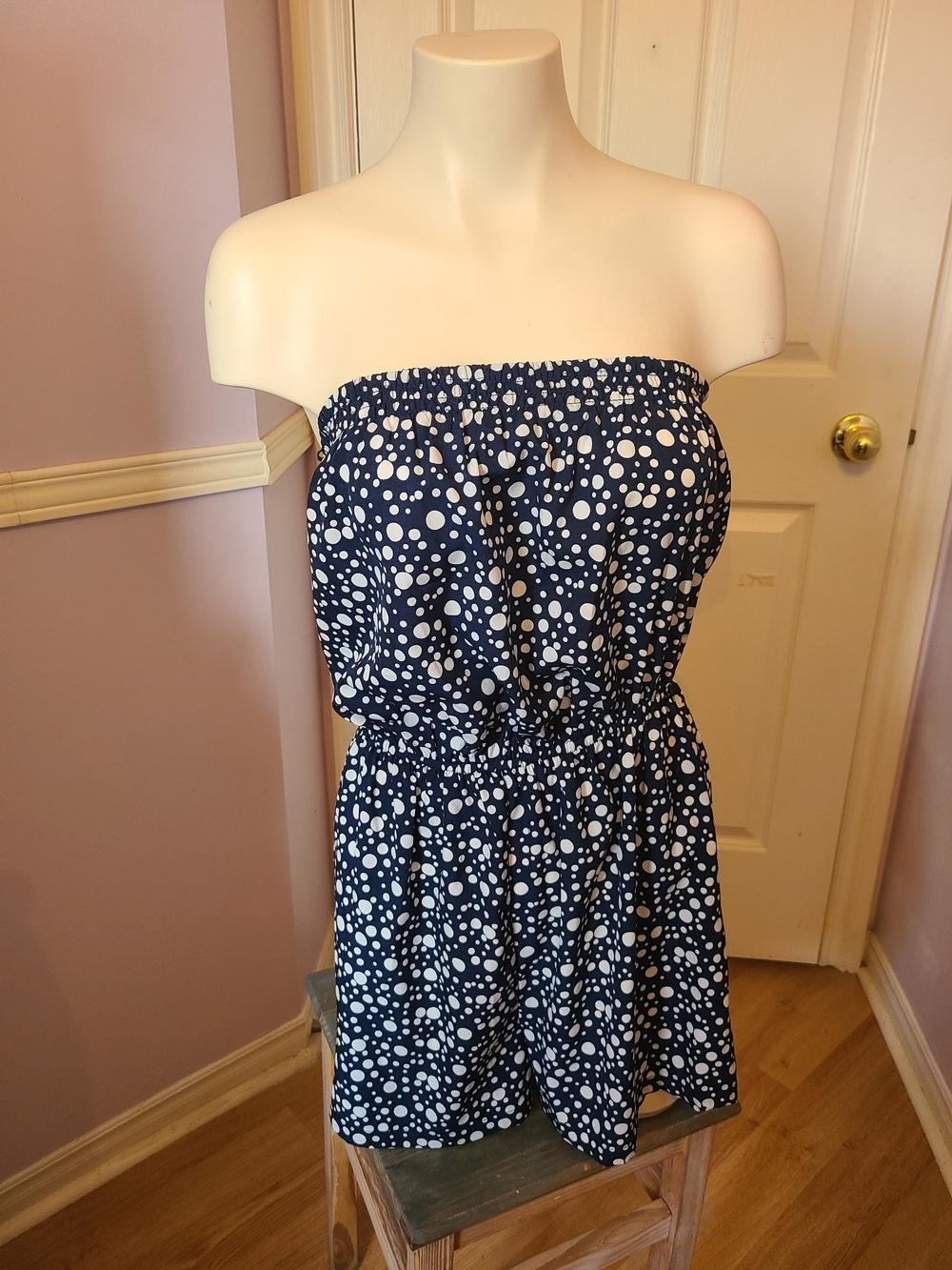 Atmosphere Navy Blue Strapless Polka Dot Romper